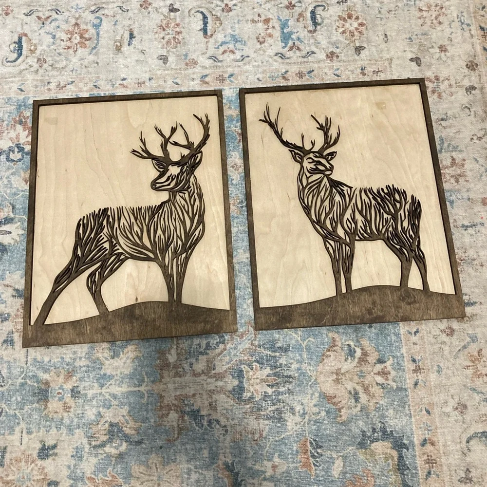 HOMEMADE Wood laser engraved set of 2 buck art signs 13”x10.5”